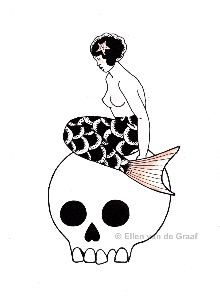 Bored mermaid on a skull